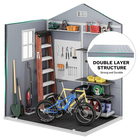 Interior of Sturdy 6x4.4 Ft Outdoor Resin Storage Shed With Reinforced Floor Lockable Door Window And Vent All Weather Bike And Tool Storage, showing tools, ladder, and bikes.