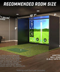 10 By 8 Foot Golf Simulator Enclosure Net With Frame And HD Impact Screen Kit setup in room, recommended size dimensions shown