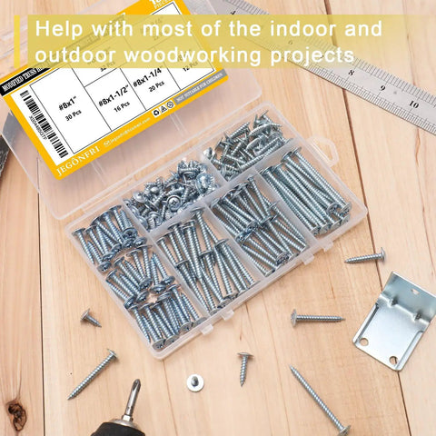 Top Shelf Number Eight Modified Truss Head Wood Screws Assortment Kit Featuring 132 Rock Solid Pieces In Six Standard Sizes in clear storage box.