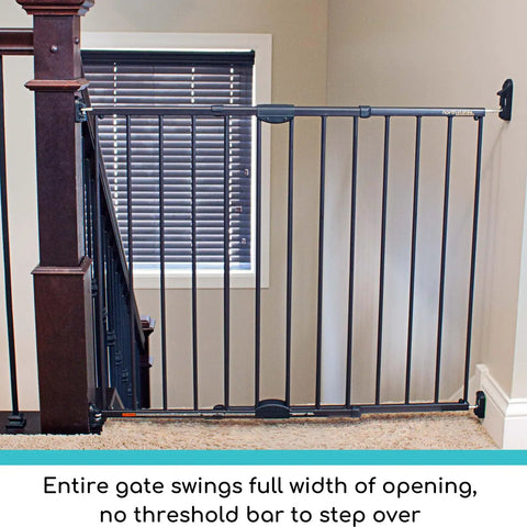 Easy Swing and Lock Baby Gate Series 2 Hardware Mounted Metal Safety for Stairs, shown fully installed, matte bronze finish.