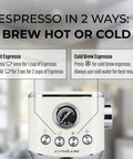 Game Changer 20 Bar Espresso Maker With Dependable Steam Wand And Silky Milk Frother displays instructions for brewing hot or cold espresso.