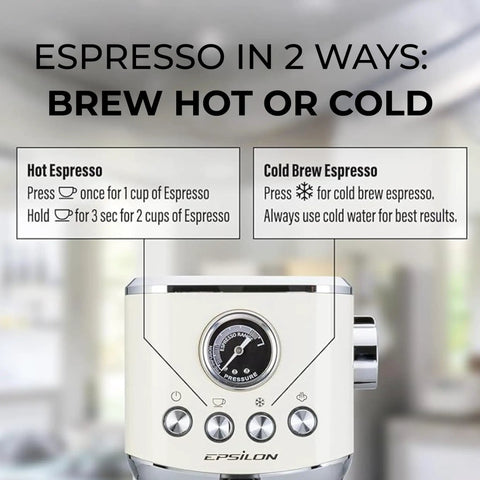 Game Changer 20 Bar Espresso Maker With Dependable Steam Wand And Silky Milk Frother displays instructions for brewing hot or cold espresso.