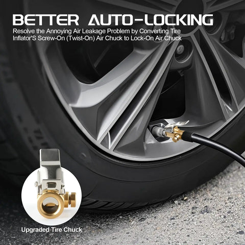 Locking Brass Tire Air Chuck With Quick Connect Adapter For Schrader Valves attached to a car wheel for inflation