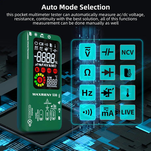 Digital Multimeter With Infrared Thermometer And Rechargeable Battery, displaying auto mode selection features on screen.