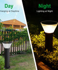 Solar Post Lights Outdoor 23.6 Inch, street style lamps in day and night view, illuminating garden, 3000K warm white light.