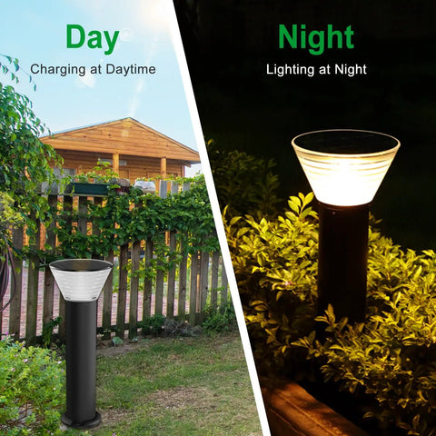 Solar Post Lights Outdoor 23.6 Inch, street style lamps in day and night view, illuminating garden, 3000K warm white light.