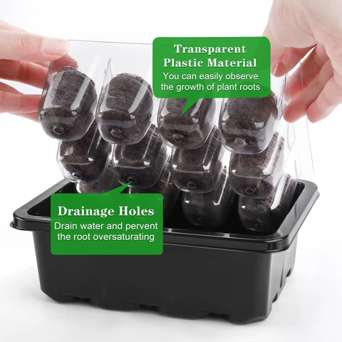 Six Pack Seed Starter Tray Kit with Humidity Dome and Base showing transparent dome and drainage holes.