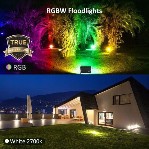 RGB LED Flood Light Kit With Remote For Outdoors, Color Changing Landscape Lighting, Color Flowing Effects, 2700K Warm White, IP66 Weatherproof 40W RGBW Uplighting For Garden, Yard, House Exterior, Daisy Chain Ready