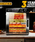 Rock Solid Commercial Food Dehydrator With 12 Stainless Steel Trays showcasing dried fruit and jerky on shelves.