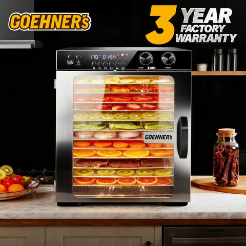 Rock Solid Commercial Food Dehydrator With 12 Stainless Steel Trays showcasing dried fruit and jerky on shelves.