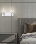 Two Light Chrome Vanity Light Fixture With Clear Glass Shades Stainless Steel Bathroom Wall Sconce above modern bed