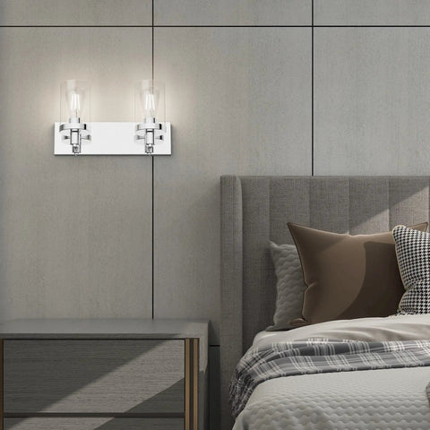 Two Light Chrome Vanity Light Fixture With Clear Glass Shades Stainless Steel Bathroom Wall Sconce above modern bed