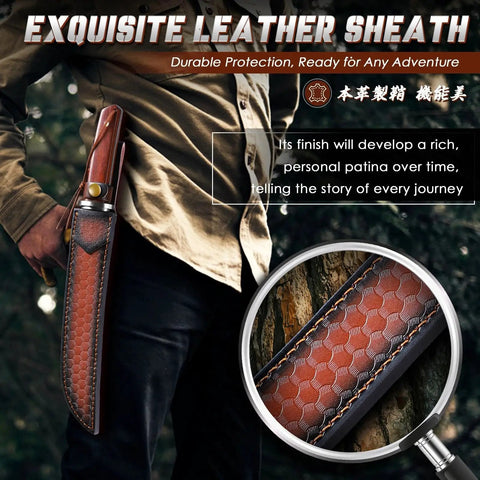 Tanto Fixed Blade Knife For Outdoor Survival With Leather Sheath, 5mm thick full tang bushcraft knife in sheath on belt