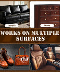 Top Shelf Leather Conditioner And Furniture Salve Kit For Couches Auto Seats And Bags on leather couch and wooden dresser.