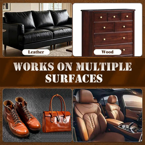 Top Shelf Leather Conditioner And Furniture Salve Kit For Couches Auto Seats And Bags on leather couch and wooden dresser.