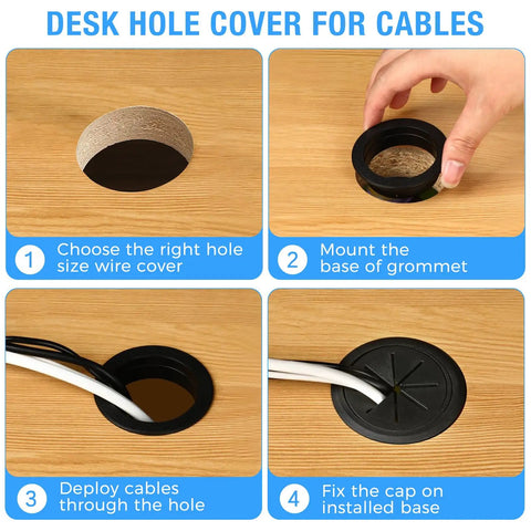 2 Pack 2 Inch Desk Grommets For Cable Management Black ABS Plastic Desk Hole Covers installation steps on wooden surface.