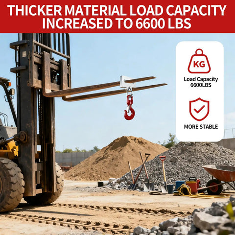 Heavy Duty Forklift Lifting Hook Attachment Single Fork Mount with 6600 lb capacity and 360 degree swivel in a construction site.