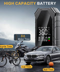 Cordless Tire Inflator Portable Air Pump With LED Light And Smart Digital Gauge beside car, bike, motorcycle, ball