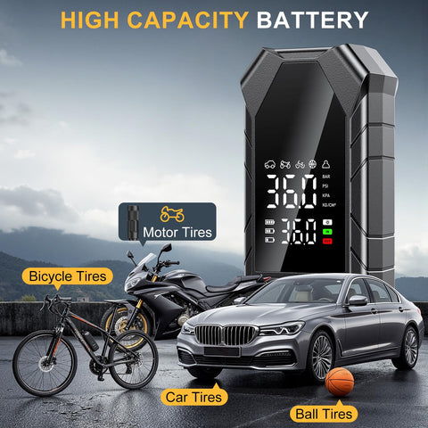 Cordless Tire Inflator Portable Air Pump With LED Light And Smart Digital Gauge beside car, bike, motorcycle, ball