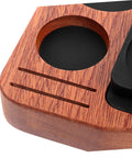 Sturdy Wooden Espresso Tamper Station Featuring Slick Portafilter Holder And Compact Coffee Organizer highlighting the light brown hardwood surface.