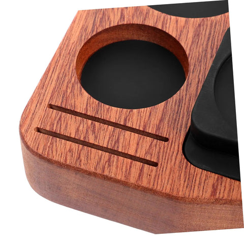 Sturdy Wooden Espresso Tamper Station Featuring Slick Portafilter Holder And Compact Coffee Organizer highlighting the light brown hardwood surface.