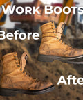 Work boots before and after repair with No-Fuss Shoe Glue For Boots And Shoes - Professional Grade Repair Adhesive With Instant Bond, Clear