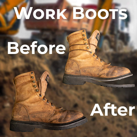 Work boots before and after repair with No-Fuss Shoe Glue For Boots And Shoes - Professional Grade Repair Adhesive With Instant Bond, Clear