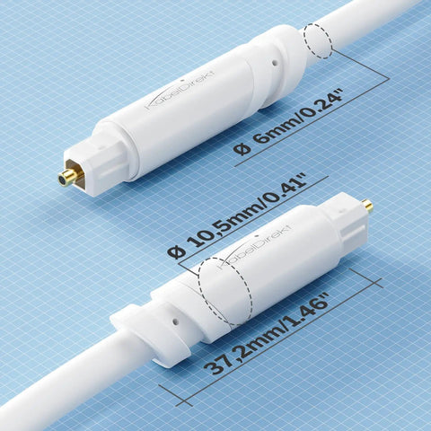 Close-up of Heavy Hitter Toslink Cable 25 Foot White Optical Digital Audio Wire, showing connector details and measurements.