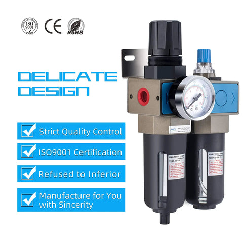 1/4 Inch NPT Air Filter Regulator Lubricator Combo With 5 Micron Brass Element 0-150 Psi Gauge, manual drain, metal bracket.