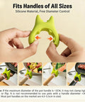 Green silicone handle grip being adjusted for different pot sizes
