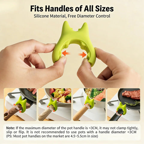 Green silicone handle grip being adjusted for different pot sizes