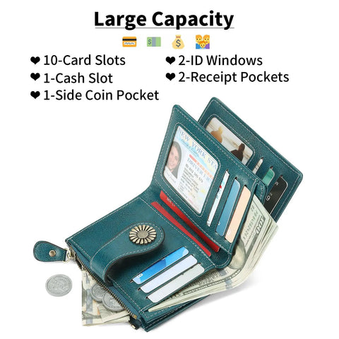 Open Compact Vegan Leather Womens Wallet with RFID Blocking Bifold Card Holder and Zipper Coin Pocket showing card slots and bills inside.