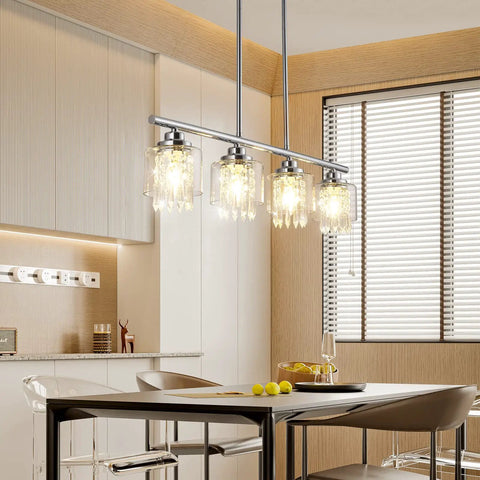 Crystal Pendant Lighting For Kitchen Island, 4 Light Dining Room Fixture With Clear Glass Shades, Elegant K9 Crystal Chandelier Vibe