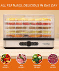 Compact Food Dehydrator Dryer With Adjustable Temp Control And Smooth Airflow Design showing fruits, meat, and veggies drying on racks.