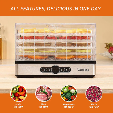 Compact Food Dehydrator Dryer With Adjustable Temp Control And Smooth Airflow Design showing fruits, meat, and veggies drying on racks.