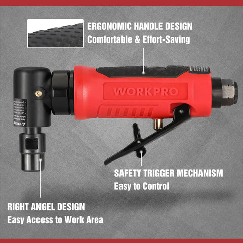 Air Pro Grade Right Angle Die Grinder 1/4 Inch Pneumatic, 20000 RPM, ergonomic handle, red body, labeled features visible