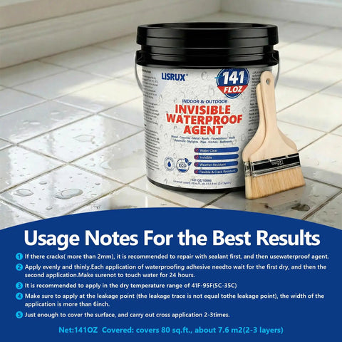 Legit Invisible Waterproof Sealant That Blocks Every Leak On Roofs Walls Windows And Showers With A Clear Water Base Shield Built For Heavy Duty Use Indoors And Outdoors in 141 oz container with brush on tiled surface.