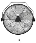 Front view of an 18 Inch Indoor Wall Mount Industrial Fan With Three Speeds And High CFM Up To 3100, featuring heavy duty metal blades.