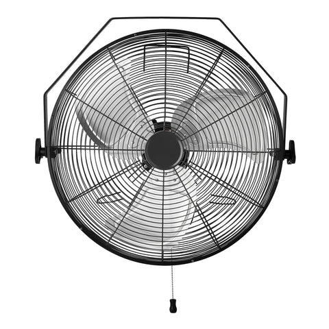 Front view of an 18 Inch Indoor Wall Mount Industrial Fan With Three Speeds And High CFM Up To 3100, featuring heavy duty metal blades.