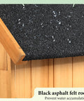 Close-up of Outdoor Wooden Storage Shed With Safety Latch Teak Finish Durable Garden Tool Cabinet, showing sloped asphalt felt roof.