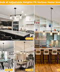 Three Light Black Pendant Lights For Kitchen Island With Glass Shades And Adjustable Rods Hanging Linear Chandelier in different room settings