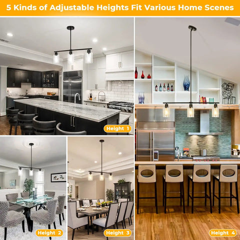 Three Light Black Pendant Lights For Kitchen Island With Glass Shades And Adjustable Rods Hanging Linear Chandelier in different room settings