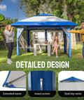13x13 Pop Up Gazebo Canopy Tent For Backyard And Patio Easy One Push Center Lock Setup In Blue And Grey, Installed In Garden Setting