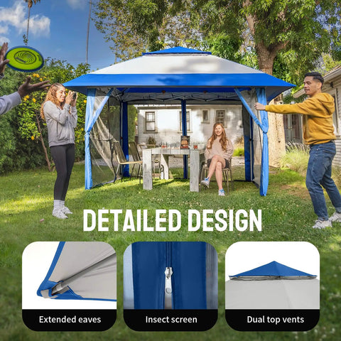 13x13 Pop Up Gazebo Canopy Tent For Backyard And Patio Easy One Push Center Lock Setup In Blue And Grey, Installed In Garden Setting