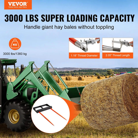 Tractor using 49 Inch Hay Spear for Skid Steer Loader, 3000 Lb Capacity Bale Fork Attachment With 60 Inch Chain And 2 Stabilizer Spears in field