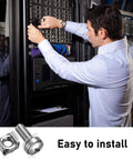 Technician installing Tough As Nails Rack Mount Screws And Cage Nuts Kit For Server Cabinets in a server rack.
