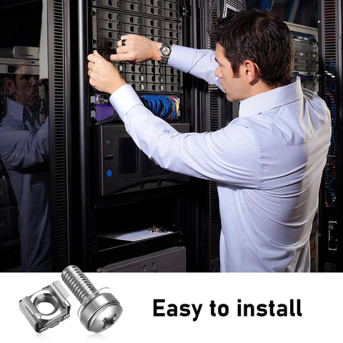 Technician installing Tough As Nails Rack Mount Screws And Cage Nuts Kit For Server Cabinets in a server rack.