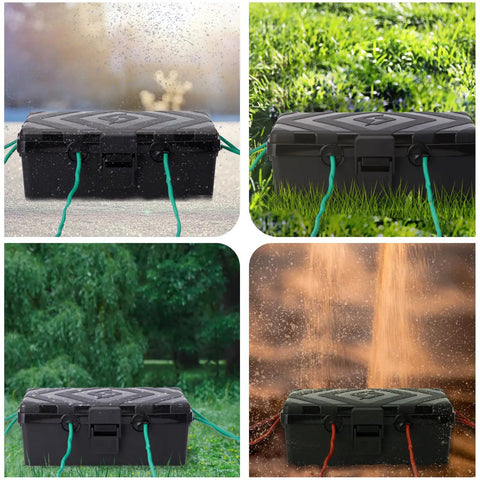Outdoor Waterproof Electrical Box IP54 Weatherproof Outlet Cover for Extension Cords and Power Strips Socket Plug Guard LAN Router Housing for Complex Wiring Dust Rain Protection 13 By 8 By 6 Inch shown in various outdoor settings with rain and dust exposure.