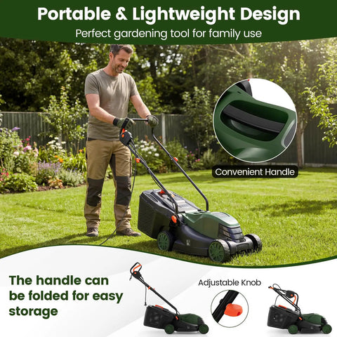 Corded 14 Inch Electric Push Lawn Mower With 3 Position Height Adjustment 9.3 Gallon Grass Collection Box 12 Amp Motor 1500W Power Lightweight Walk Behind Mower Easy To Maneuver For Small To Medium Yards Green, shown with folded handle