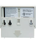 Back view of carbon monoxide detector showing battery compartment and product labels.